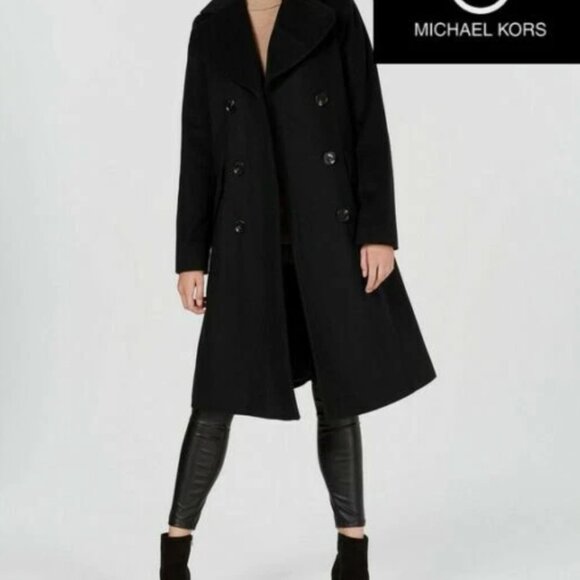 MICHAEL KORS BLACK DOUBLE BREASTED WOOL BLEND NOTCH COLLAR COAT - Picture 1 of 6